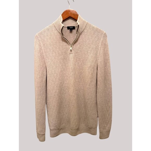 Reiss Mens Beige 1/4 Zip Merino Wool Textured Sweater Business Casual - Picture 1 of 6